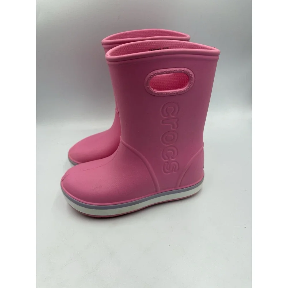 Crocs Crocband Rain Boot Pink Round Toe Kids Waterproof Boots Girls Size J 2